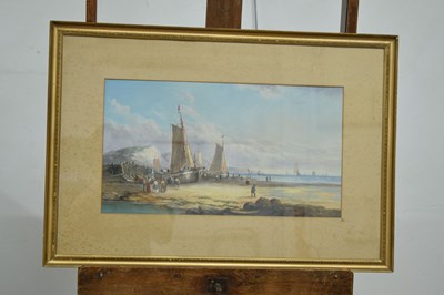 Lot 612 - J. Wilson (20th century) – Watercolour – Coastal scene with beached sailing boats