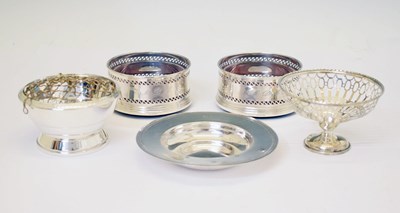 Lot 182 - Elizabeth II silver armada dish, a pedestal bonbon dish, pair of silver mounted wine coasters, etc