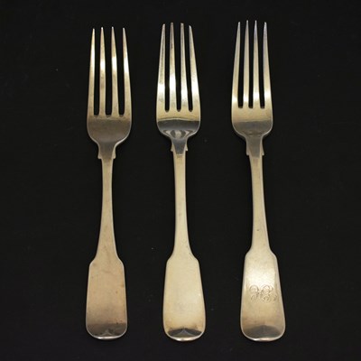 Lot 190 - Three Irish silver Fiddle pattern table forks