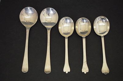 Lot 195 - Three trefid spoons and two silver serving spoons