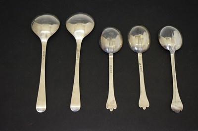 Lot 195 - Three trefid spoons and two silver serving spoons