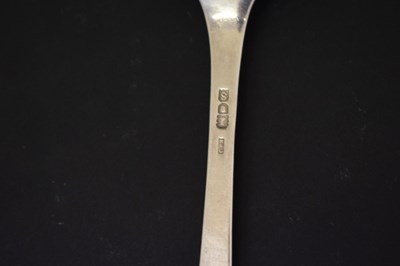 Lot 195 - Three trefid spoons and two silver serving spoons