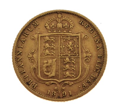 Lot 120 - Queen Victoria Sydney Mint shield back gold half sovereign, 1891