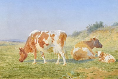 Lot 345 - James Doubting RBA (British, 1841-1904) - Watercolour - 'Cows Grazing, Congresbury'