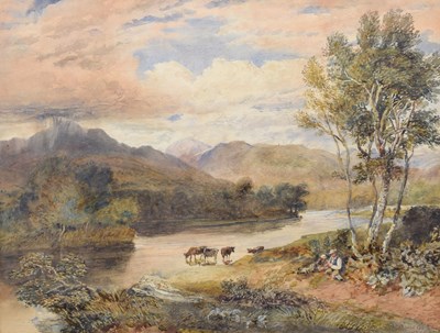 Lot 347 - Attributed to David Cox Jnr. (1809-1885) - Watercolour - Drovers resting by a river