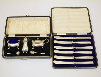 Lot 181 - Cased George VI silver three-piece condiment set, etc