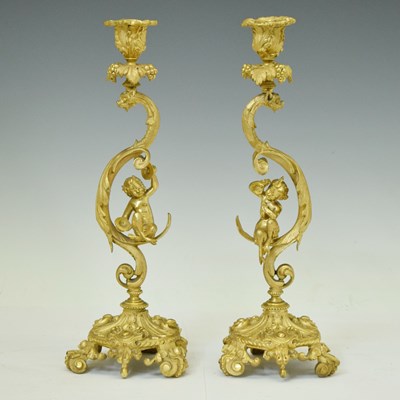 Lot 339 - Pair of Rococo revival ormolu candlesticks