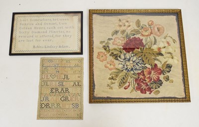 Lot 627 - Early Victorian 1838 needlework sampler, and two others