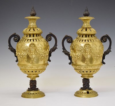 Lot 313 - Impressive pair of French style gilt and patinated bronze urns