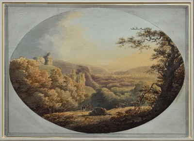 Lot 346 - William Payne (British, 1760-1830) - Watercolour - 'The Castle and Town of Okehampton, Devon'