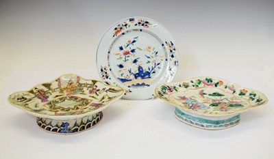 Lot 527 - Chinese export porcelain plate and two later shaped stands