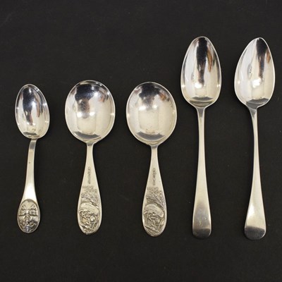 Lot 196 - Three novelty children's spoons and two Georgian teaspoons