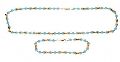 Lot 67 - Turquoise and 9ct gold beaded necklace and matching bracelet