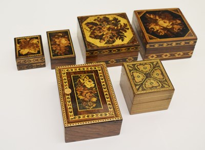 Lot 329 - Six 19th century floral Tunbridge ware trinket boxes