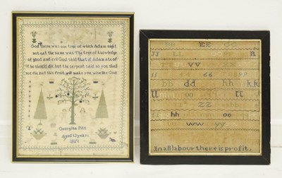 Lot 633 - Late Victorian 'Adam and Eve' needlework sampler and one other