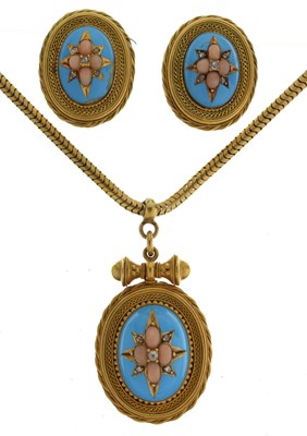 Lot 46 - 19th century Etruscan revival coral, diamond and enamel yellow metal set