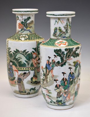 Lot 287 - Two similar Chinese Canton Famille Verte porcelain rouleau vases