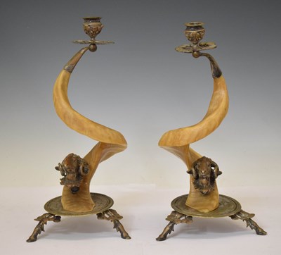 Lot 333 - Pair of Victorian silver-plated mounted rams horn candlesticks