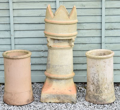 Lot 761 - Pair of small terracotta cylindrical chimney pots and crown chimney pot