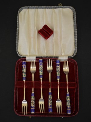 Lot 207 - Cased set of six Korean cloisonné enamelled silver pickle forks