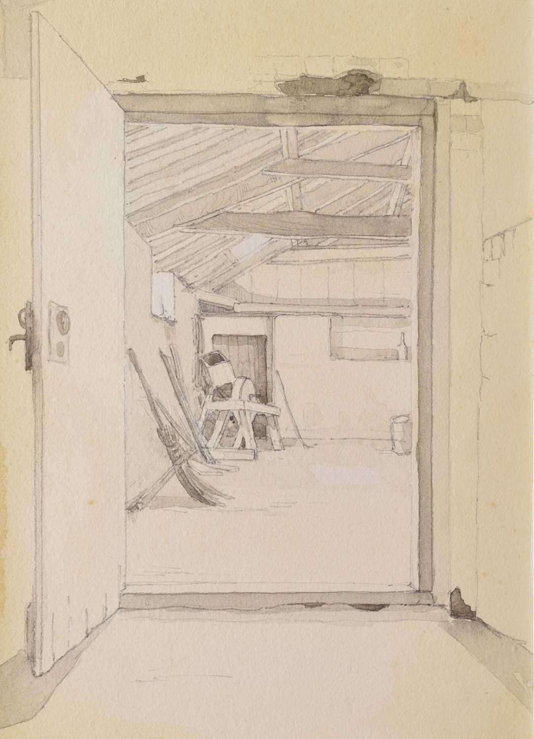 Lot 336 - George Clausen, RA, RWS, (1852-1944) - Monochrome watercolour wash - A corner of a barn