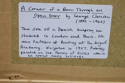 Lot 336 - George Clausen, RA, RWS, (1852-1944) - Monochrome watercolour wash - A corner of a barn