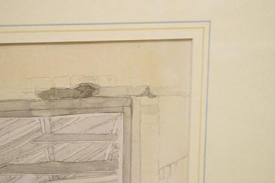 Lot 336 - George Clausen, RA, RWS, (1852-1944) - Monochrome watercolour wash - A corner of a barn