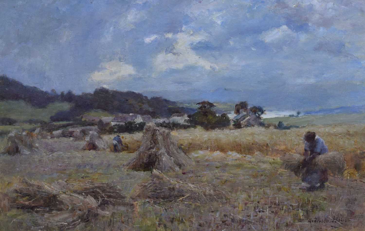 Lot 332 - Joshua Anderson Hague (British, 1850-1916) - Oil on canvas - Workers in a field with cottages