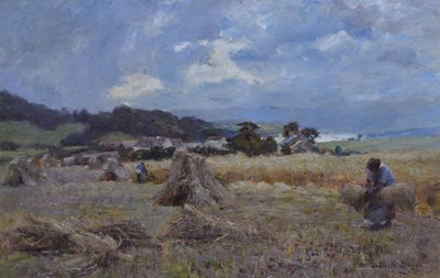 Lot Joshua Anderson Hague (British, 1850-1916) - Oil on canvas - Workers in a field with cottages