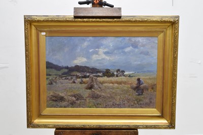 Lot 332 - Joshua Anderson Hague (British, 1850-1916) - Oil on canvas - Workers in a field with cottages