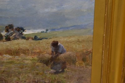 Lot 332 - Joshua Anderson Hague (British, 1850-1916) - Oil on canvas - Workers in a field with cottages