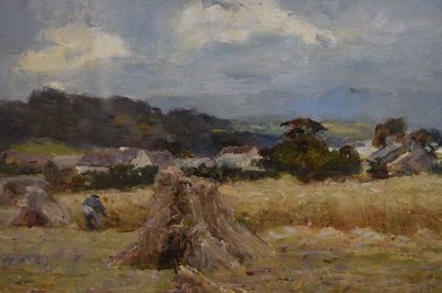 Lot 332 - Joshua Anderson Hague (British, 1850-1916) - Oil on canvas - Workers in a field with cottages