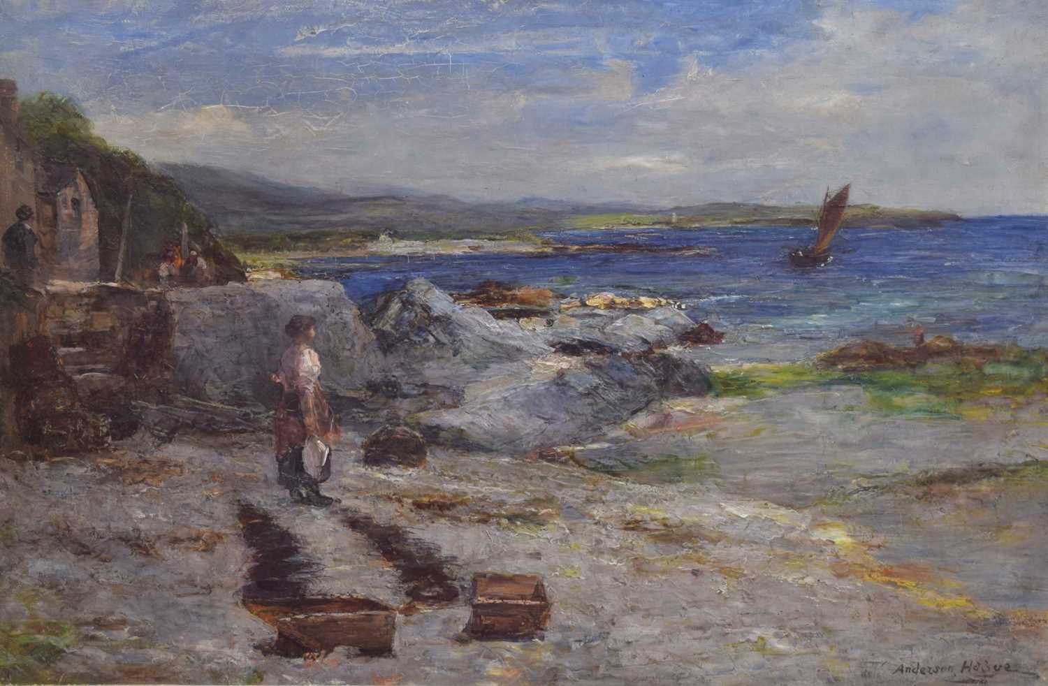 Lot 322 - Joshua Anderson Hague (British, 1850-1916) - Oil on canvas - Figures on the Seashore