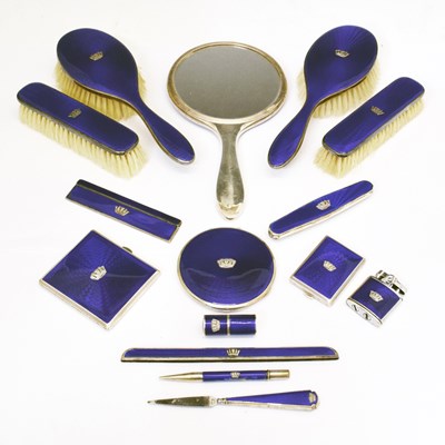 Lot Gieves Ltd - Cased six-piece royal blue guilloche enamel & silver mounted dressing set, etc