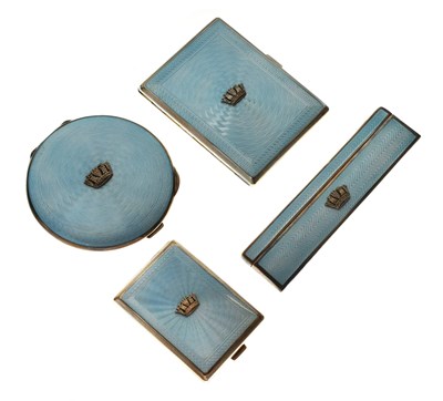 Lot Gieves Ltd - Four light blue guilloche enamel & silver mounted requisites