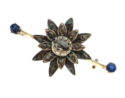 Lot 24 - Late 19th century diamond and sapphire yellow and white metal bar brooch