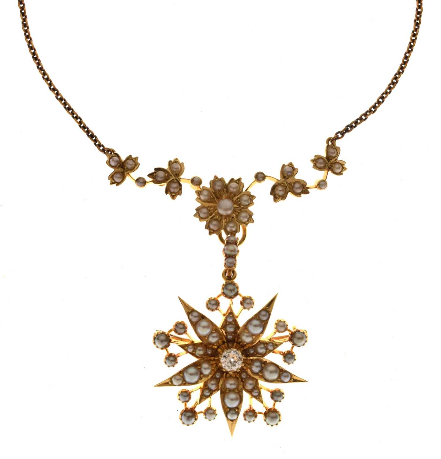 Lot 35 - Edwardian diamond and pearl unmarked yellow gold pendant necklace