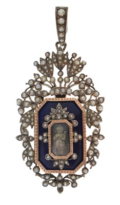 Lot 38 - 19th century seed pearl enamelled white metal mourning pendant