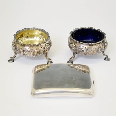 Lot 186 - Pair of George II silver salts and a silver cigarette case