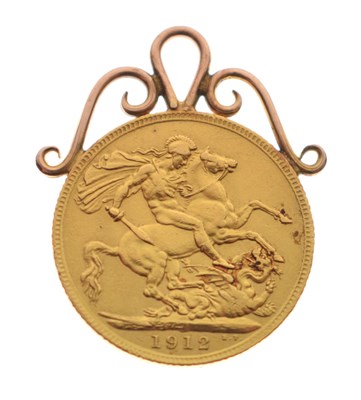 Lot 222 - George V gold sovereign, 1912, on yellow metal suspension mount