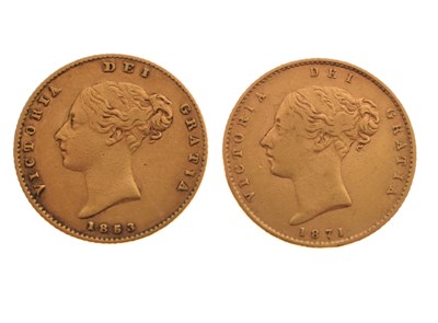 Lot 209 - Two Queen Victoria shield back gold half sovereigns, 1853 and 1871