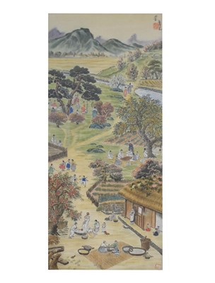 Lot 541 - North Korean watercolour on silk depicting rural village life