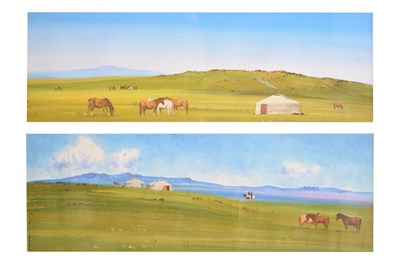 Lot 605 - Two Mongolian School oils on canvas - Mountainous landscape with horses grazing