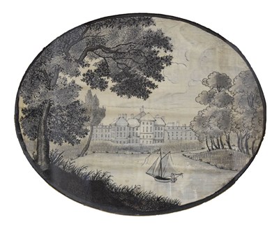 Lot 598 - George III oval grey wash silkwork - Study of Kensington Palace