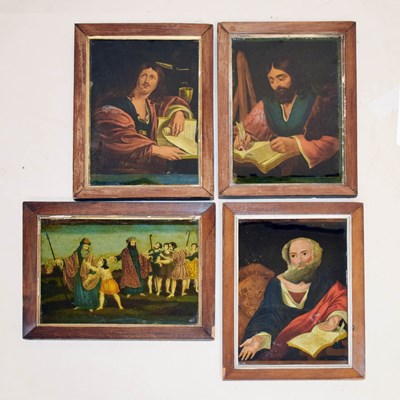 Lot 558 - Three 19th century reverse glass painted Apostle prints and biblical scene