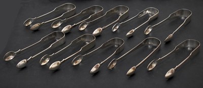 Lot 240 - Ten pairs of Victorian silver sugar tongs, various Exeter sponsors