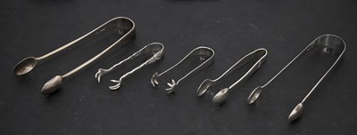 Lot 266 - Five pairs of sugar tongs, various London and Birmingham sponsors