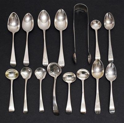 Lot 243 - Collection of George III silver condiment spoons, teaspoons, and sugar tongs