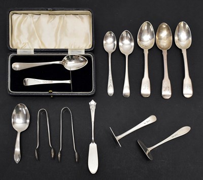 Lot 245 - Collection of 20th century silver flatware to include sugar tongs, teaspoons, etc