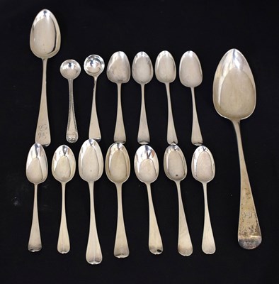 Lot 247 - Collection of George I, George II, and George III spoons to include condiment spoons, teaspoons, etc